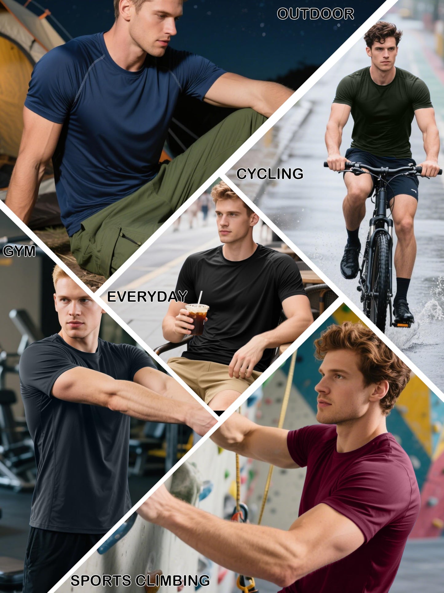 CuterzClub Mens Moisture Wicking Shirts 5 Pack Gym Casual Summer Quick Dry Fit Work Athletic Tee Running Out Fitted Short Sleeve Hiking Performance Elastic Lightweight (Multipack 14, L)