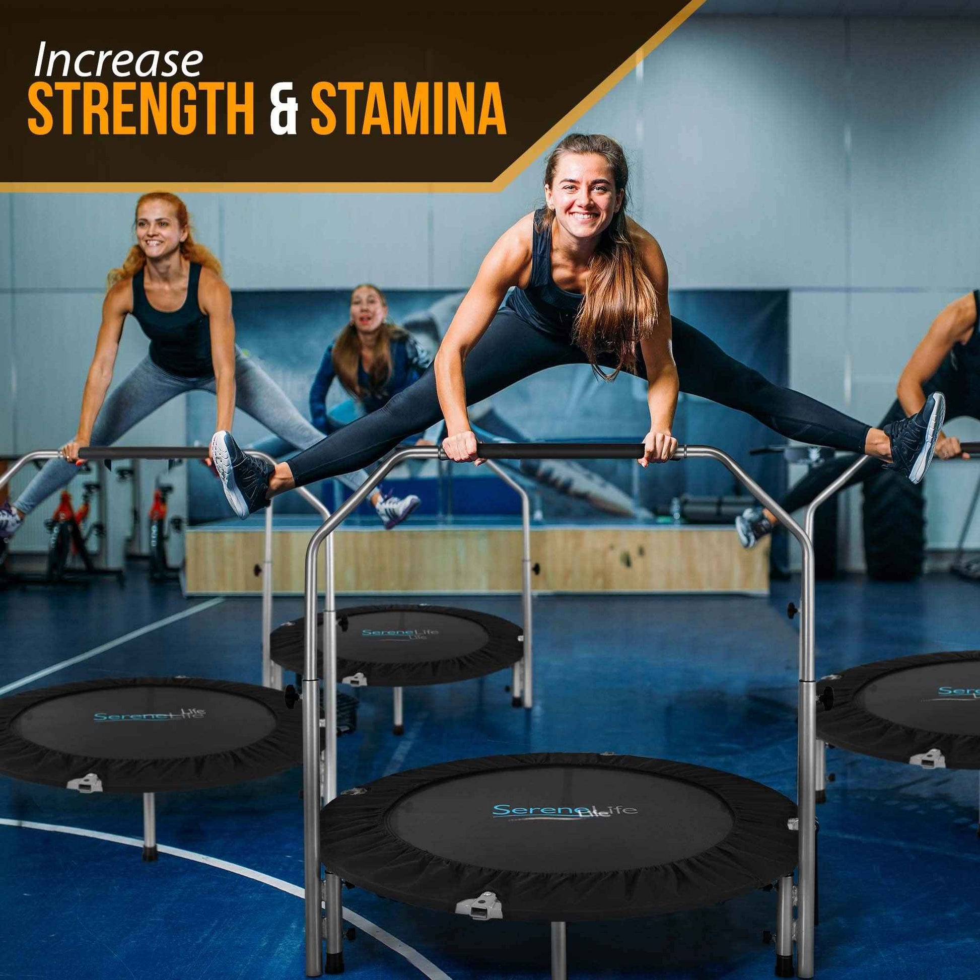 SereneLife 50" Trampoline - In-Home Cardio Fitness Rebounder with Adjustable T-Bar Handle, Silent Heavy Duty Exercise Trampoline for Adults