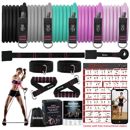 Besloor Resistance Band Set. Exercise Bands with Handles, Door Anchor and Ankle Strap. Home Gym, Supports Full-Body Workouts - with Fitness Poster and Video (Pink)