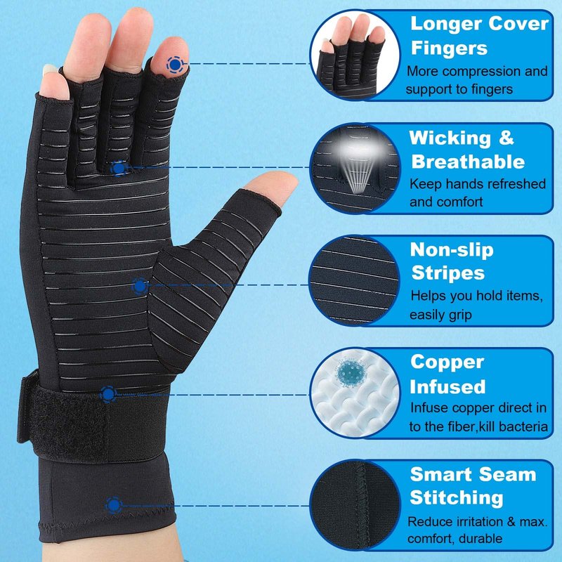 2 Pairs Copper Arthritis Compression Gloves Women Men for Carpal Tunnel, RSI, Joint Pain, Swelling, Tendonitis Relief, Fingerless Arthritis Gloves for Computer Typing, Work, Sleeping (SMALL/MEDIUM)