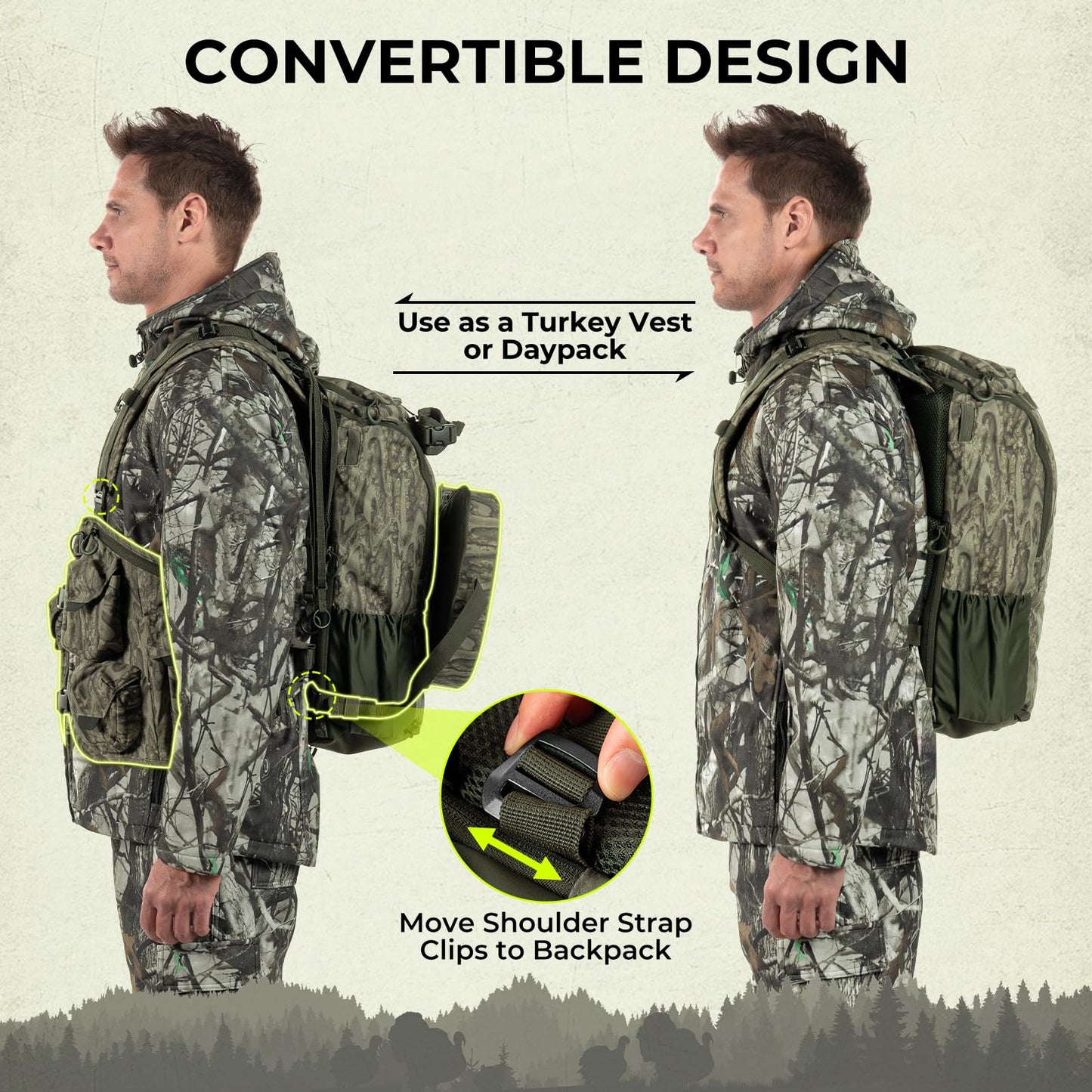 Extremus By KastKing BearHauler Turkey Hunting Vest with Thick Seat, Convertible Daypack, Hide-Away Shotgun Sling, Call & Shell Pockets, Hydration Pocket, Quiet Fabric