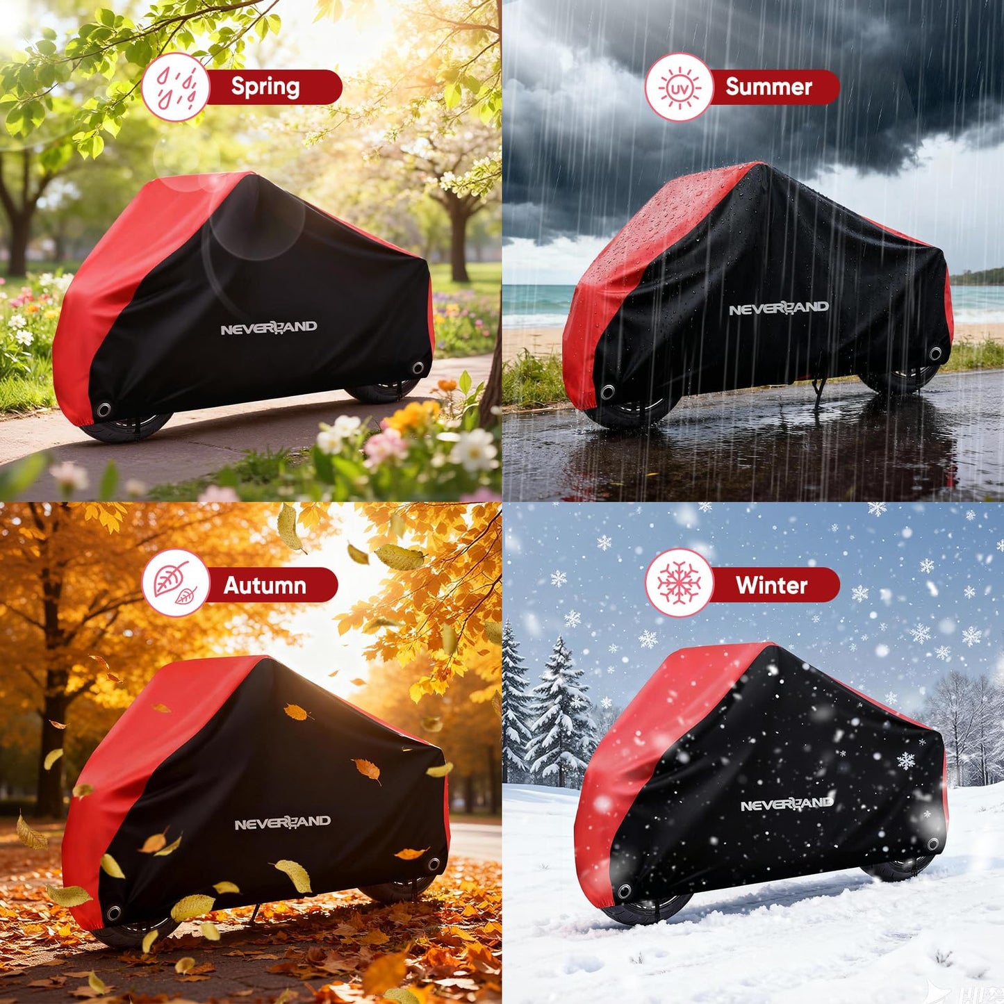 NEVERLAND Motorcycle Cover Waterproof Outdoor - All Season Scooter Covers Heavy Duty with 2 Lock-Holes, Bandage & Storage Bag Fits Most Motorcycles, Scooters, Dirt Bikes, Sportbikes (Up to 86”)