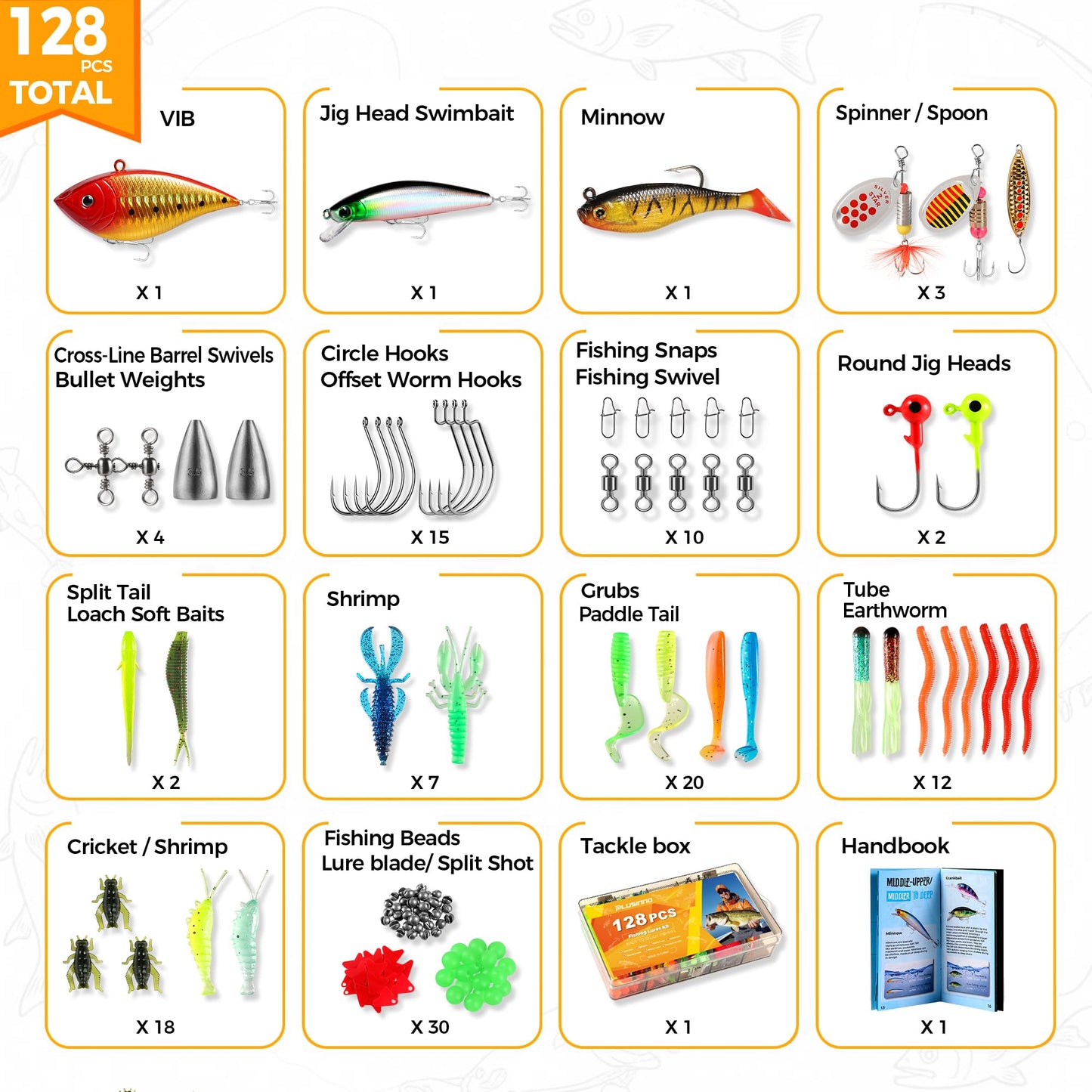 PLUSINNO Fishing Lures, 128Pcs All-in-One Fishing Tackle Box with Step-by-Step Handbook, Fishing Gear & Bait Accessories Kit for Freshwater Bass, Ideal Fishing Gifts for Men, Father & Beginners