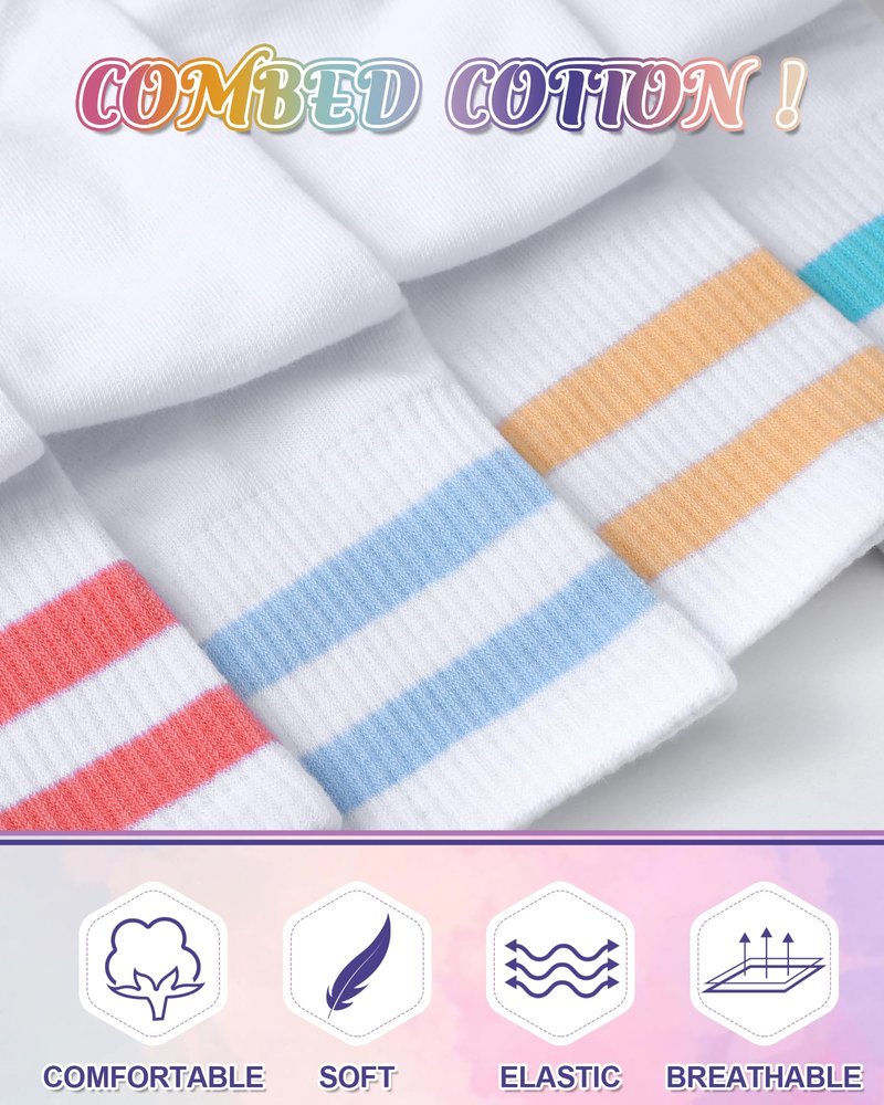 Halfchet 8 Pairs Kids Stripe Socks Cotton Crew Socks Colorful Retro Stripe Athletic Hosiery for School Kids (Soft Colors,Small)