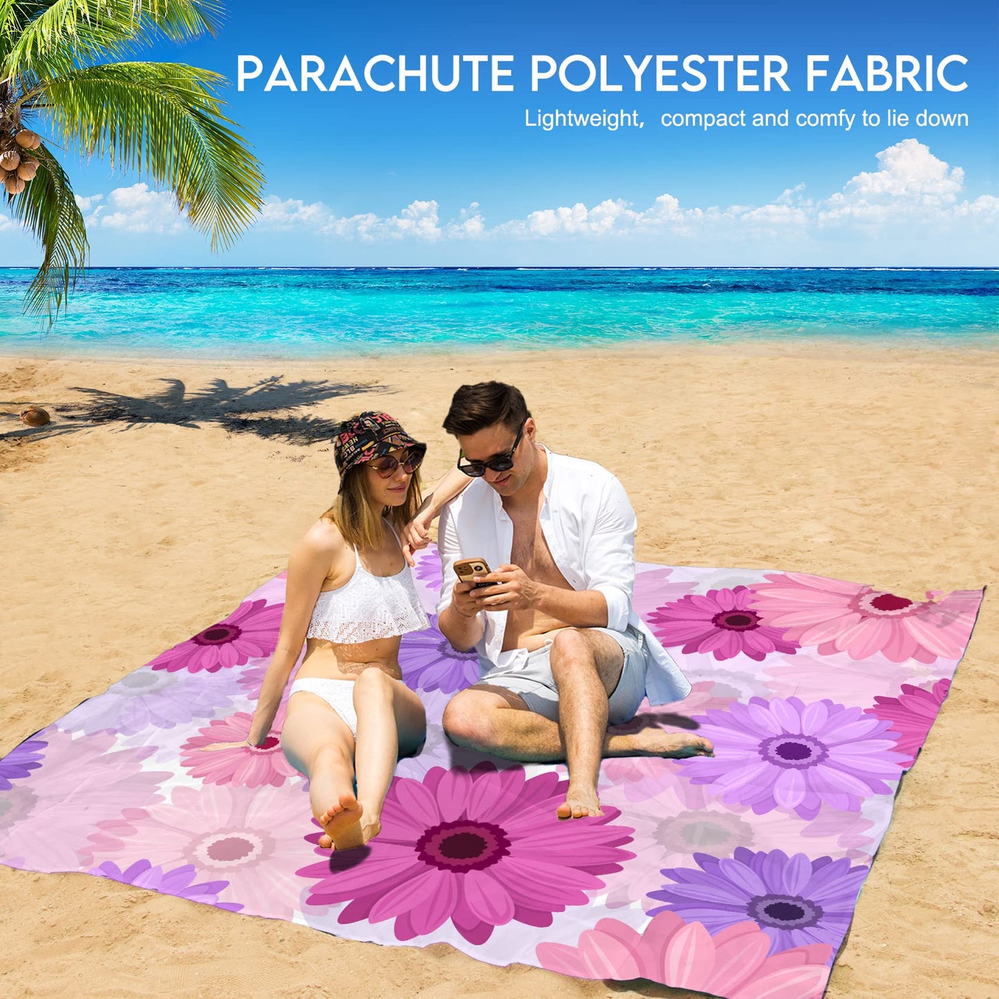 BYDOLL Beach Blanket 78''×81'' 1-5 Adults Oversized Lightweight Waterproof Sandproof Beach Blanket Large Picnic Mat Beach Blanket for Beach Travel Camping Hiking Picnic