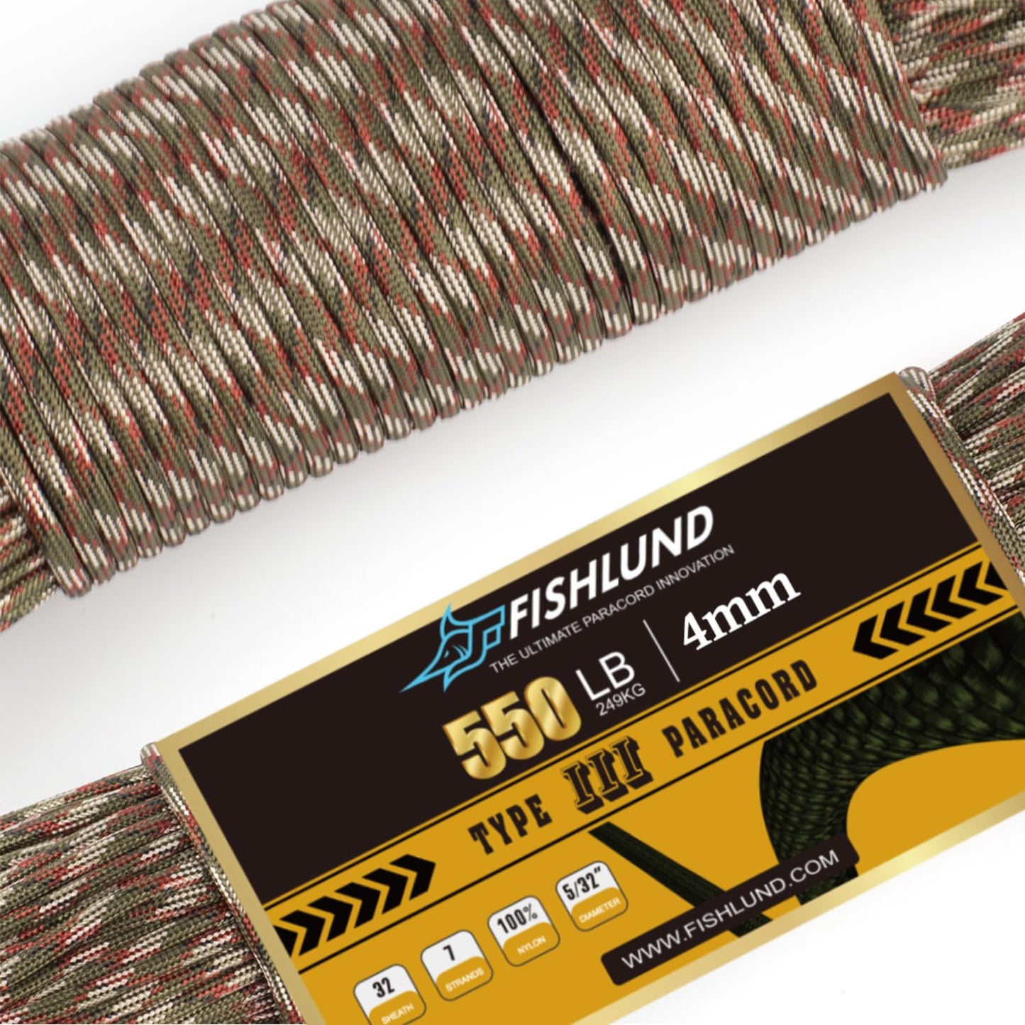 FISHLUND Paracord 550 lb, 7 Strand Paracord Rope 250ft 4mm, Nylon Parachute Cord for Camping, Forest Camo