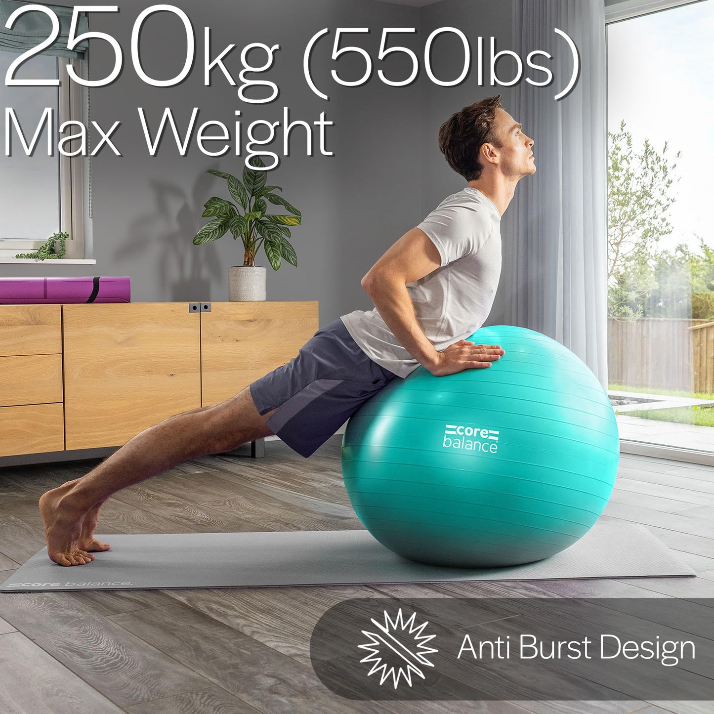 Core Balance Exercise Ball for Workouts, Anti-Burst and Slip Resistant, Swiss Yoga Ball for Pregnancy, Stability, Fitness and Physical Therapy, 4 Sizes, with Pump (33" / 85cm Teal)
