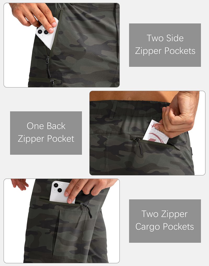 Pudolla Men's Hiking Cargo Shorts 9" Lightweight Outdoor Work Shorts for Men Travel Golf Camping Casual with 5 Zipper Pockets(Green Camo Medium)