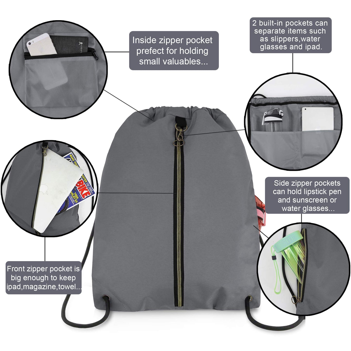 BeeGreen Grey Drawstring Backpack with 3 Zipper Pocket and 2 Inside Pouch，19.2 "x 15" Large Sports Gym Drawstring bag Draw String Bags Pack