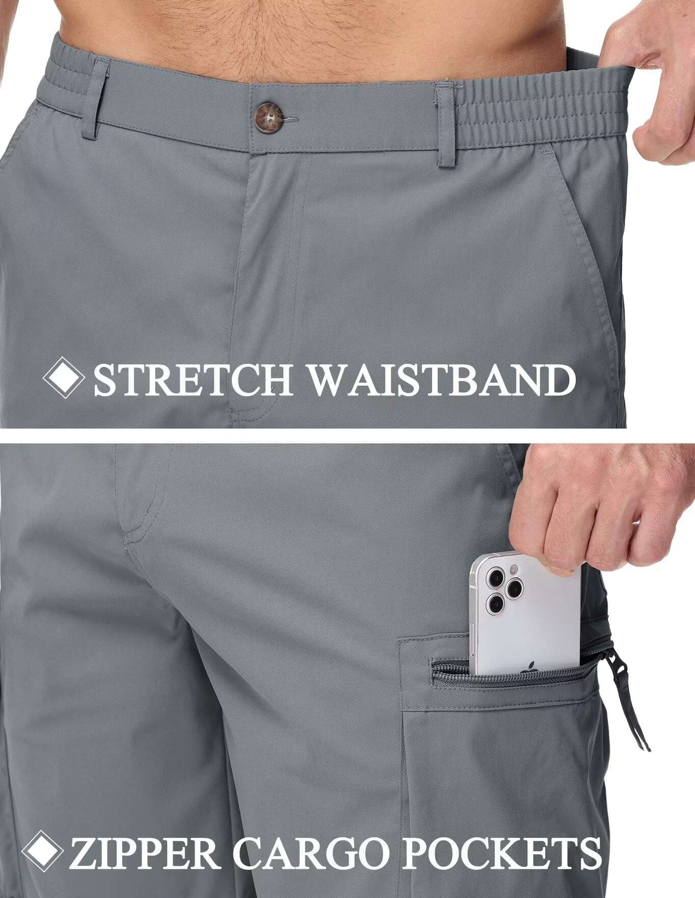 QPNGRP Men's 9" Inseam Stretch Waist Zipper Cargo Shorts with 6 Pockets Grey 30