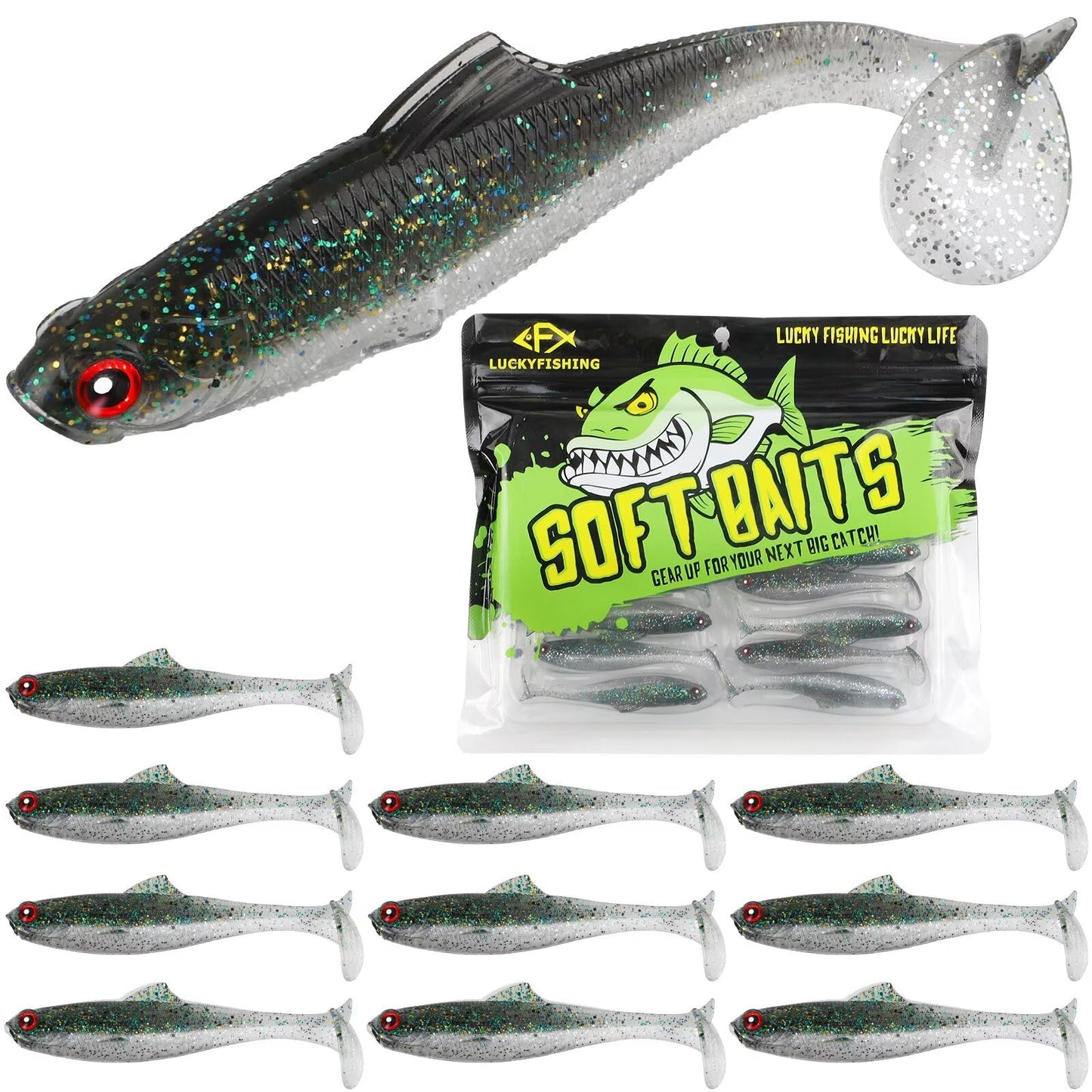 LUCKYFISHING Paddle Tail Swimbaits Soft Plastic Swimbaits Soft Baits for Bass Fishing Trout Crappie Walleye Freshwater Saltwater 10/16/20 PCS Soft Plastic Baits 4/3.5/3/2.5 Inch