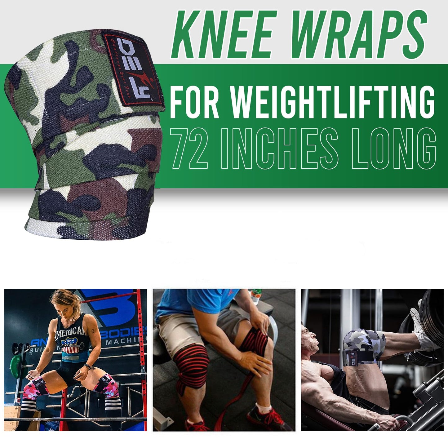 DEFY Sports' Knee Wraps for Weightlifting - Provides Knee Support for Powerlifting, Squats & Fitness Workouts - Ideal Knee Wrap for Men and Women  (1 PAIR) (Green Camo)