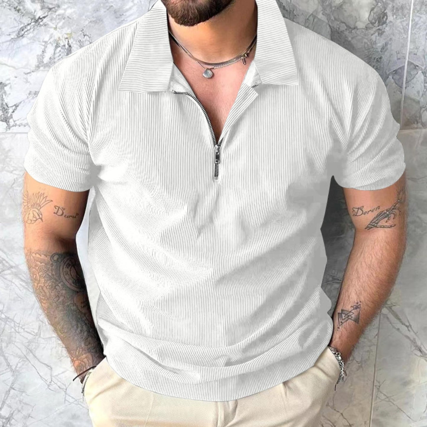 Men's Polo Shirts Short Sleeve Slim Fit Zip T-Shirts for Sports Golf Tennis Workout Henley Neck Tees Tops White