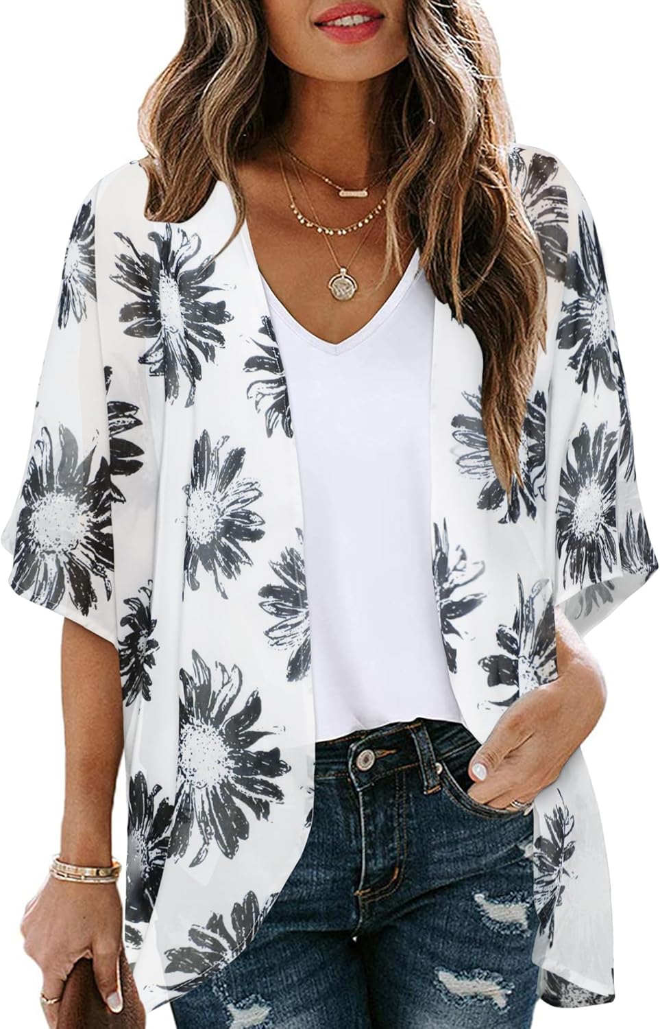 Floral Print Puff Sleeve Kimono Cardigan - Casual Loose Blouse Top for Women | Stylish Cover Up