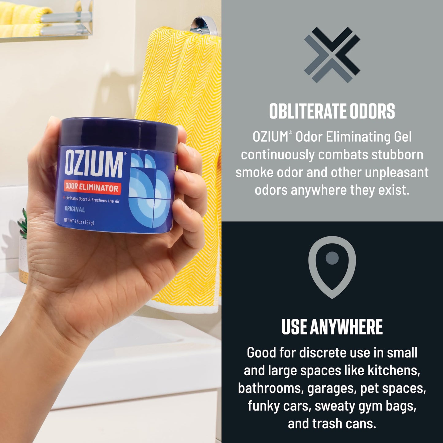 Ozium Odor Eliminating Gel - 4.5oz Air Freshener Alternative for Smoke, Pets, and Musty Odors - Long Lasting Odor Remover for Cars, Homes, Closets and Small Spaces - Carbon Black