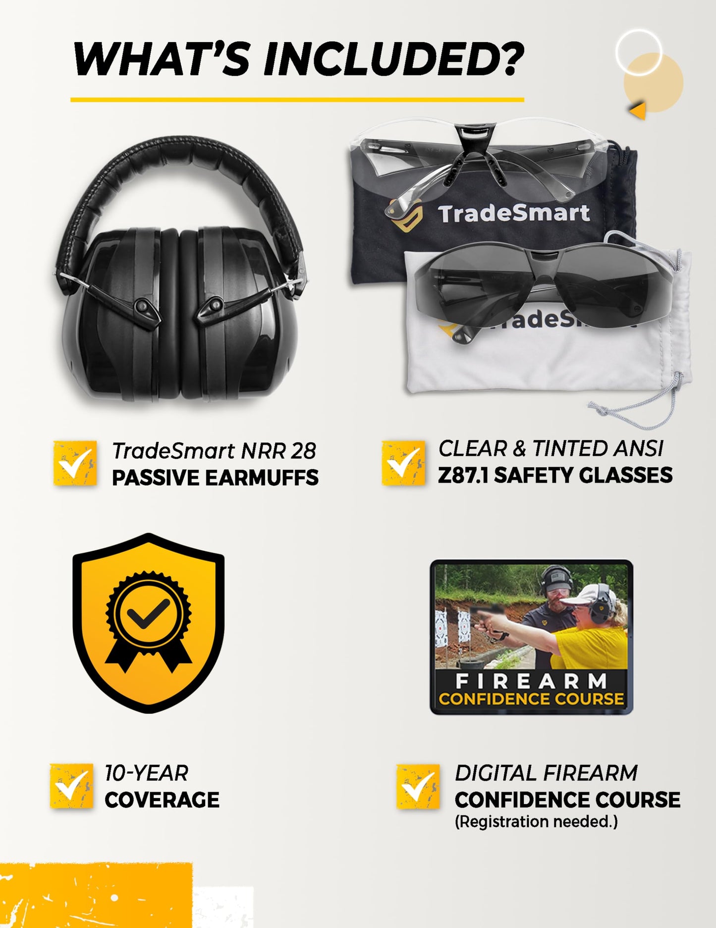 TradeSmart High-Performance Earmuffs for Shooting Range & Shooting Eye Protection Glasses + Firearm Confidence Course Included