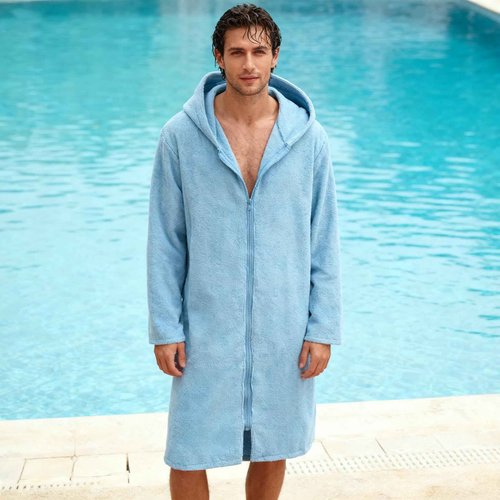 Weecreeture Hooded Towel Poncho with Zipper and Pocket, Surf Poncho for Men and Women, Beach Bath Changing Robe Cover Up Light Blue XL
