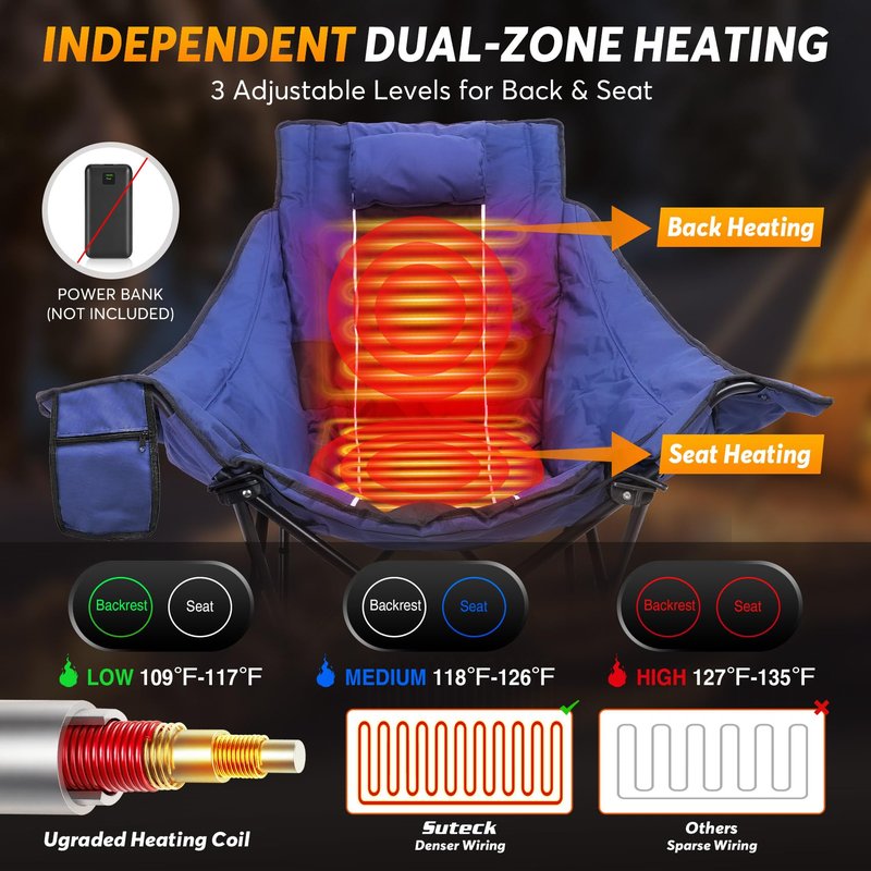 Suteck Heated Rocking Camping Chair, Fully Thicker Padded Heated Camping Chairs for Outdoor Sports W/3 Heat Levels for Back & Seat, Heated Rocking Chair for Adults with Carry Bag, Battery NOT Included