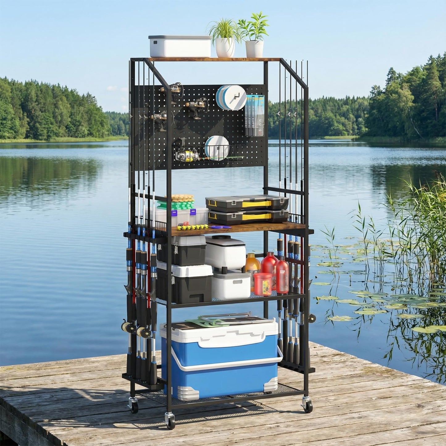 Kikihouse 4-Tier Heavy Duty Fishing Rod Holders for Garage with Pegboard and Hooks, 65.7" Lockable Wheels Fishing Rod Rack Storage Up to 12 Rods, Fishing Pole Stand for Fishing Gear & Equipment