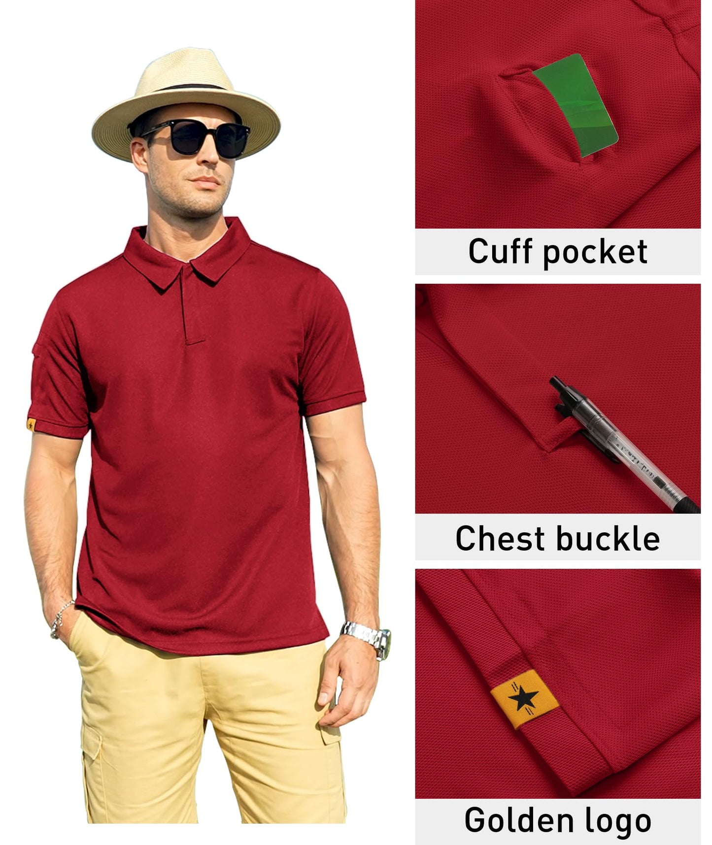 ZITY Mens Polo Shirt Short Sleeve Sports Tactical T-Shirt Athletic Golf Polos Daily Casual Stylish Collared Shirts for Men Red Medium