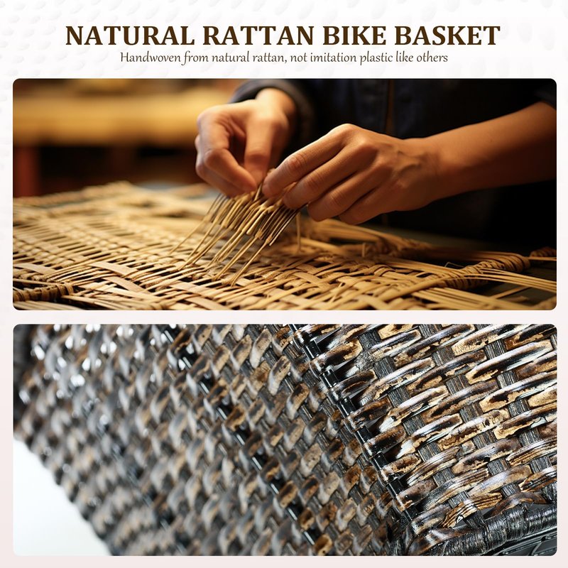 PIREKZUNT Bike Basket Rear, 16"X11.4"X7.4" Natural Rattan Beach Cruiser Bike Rear Basket with Waterproof Cover,Cargo Net, Handmade Woven Rectangular Bicycle Rear Basket for Women's and Mens Cruiser