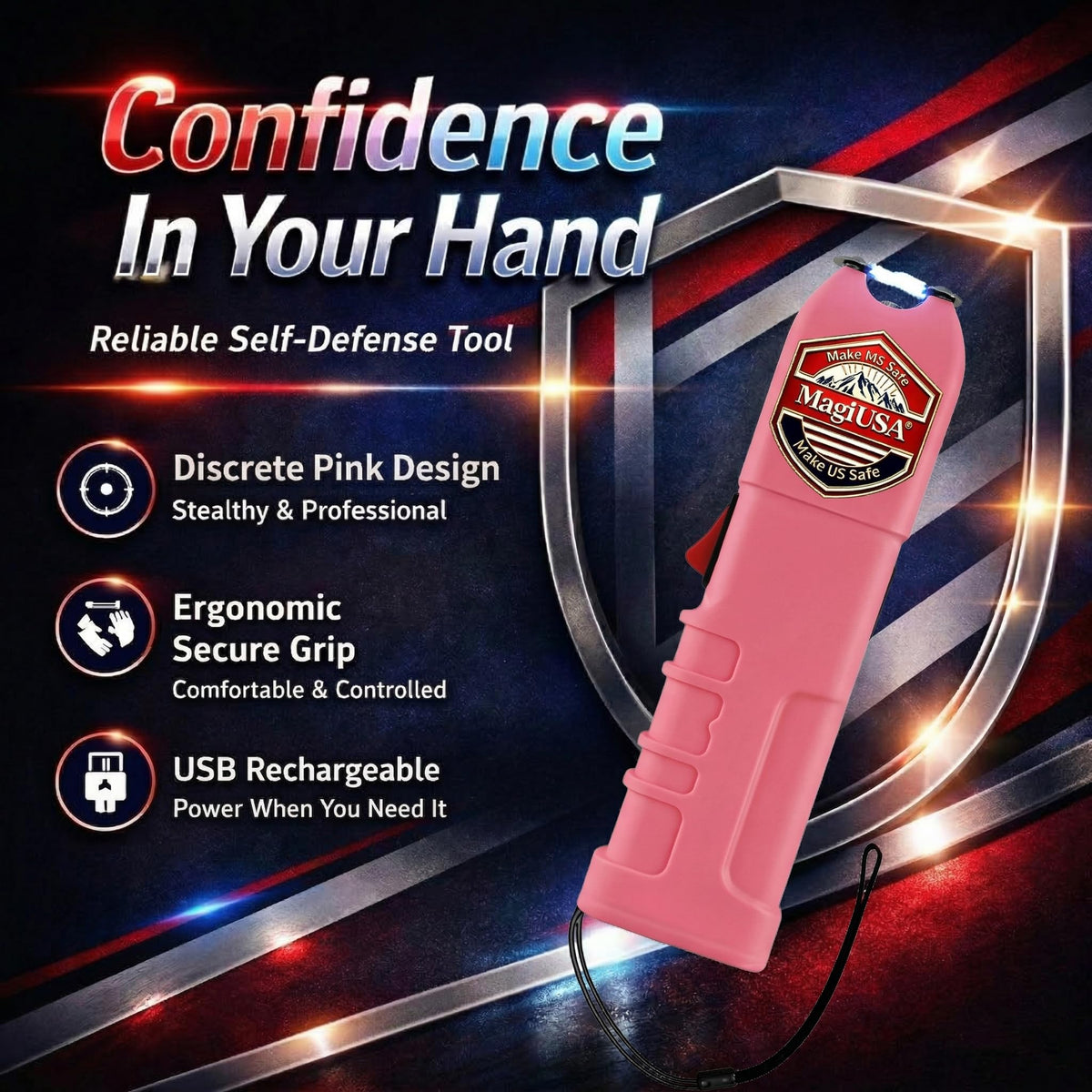MagiUSA 989 Rechargeable Stun Gun for Self Defense, LED Flashlight, Pink