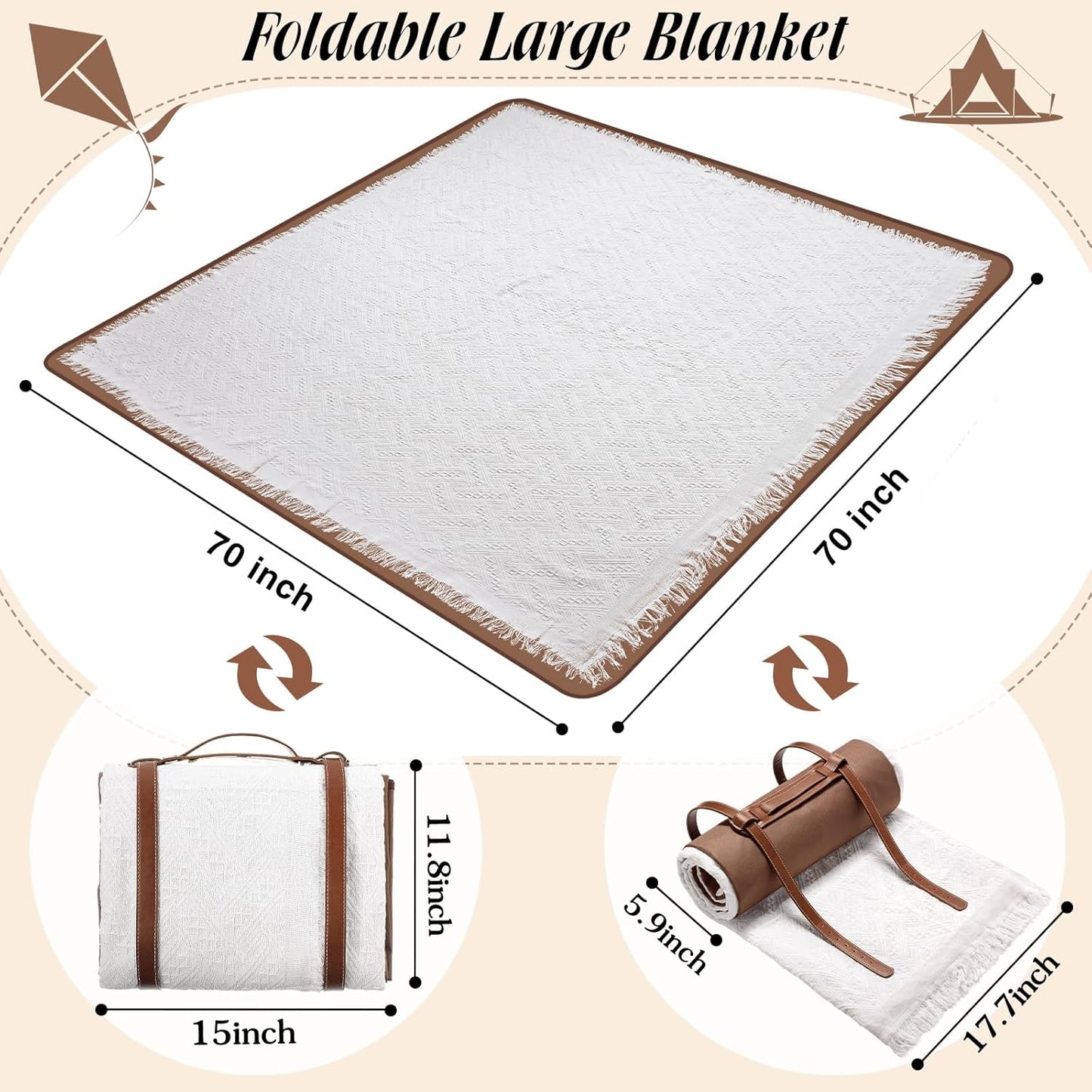 Waterproof Picnic Blanket - 71x71 Inch Foldable Outdoor Mat | Double Layer Sandproof Beach Blanket with Carry Strap (White)