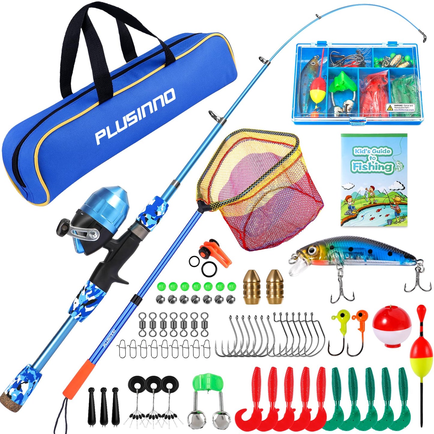 PLUSINNO Kids Fishing Pole, Telescopic Fishing Rod and Reel Combo with Fishing Net, Tackle Box and Bag, Portable Fishing Kit Kids Fishing Gear Gifts for Youth Boys Toddler -5FT/1.5M