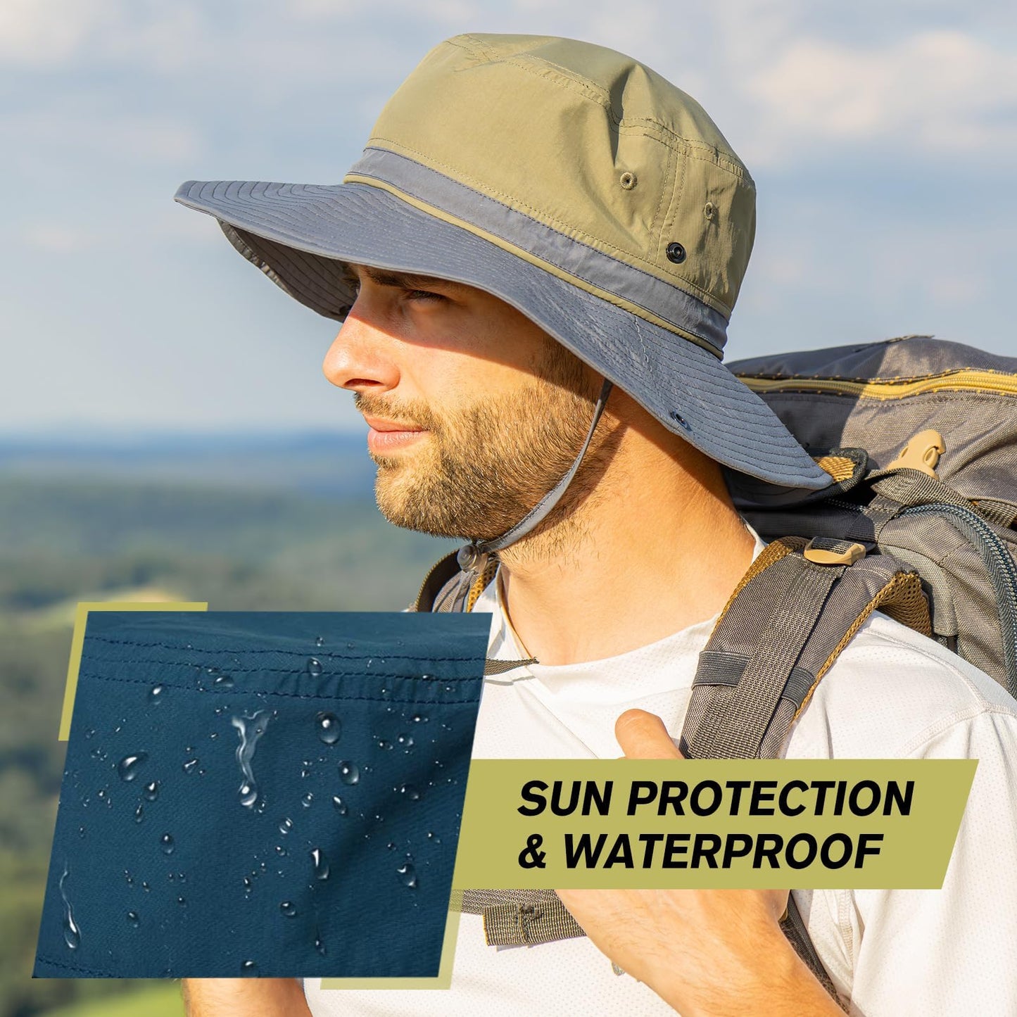 TOP-EX Summer Boonie Sun Hats for Men Safari Fishing Hiking Wide Brim UPF50+ Big Head Nylon Waterproof Khaki Large X-Large L XL 60cm 63cm