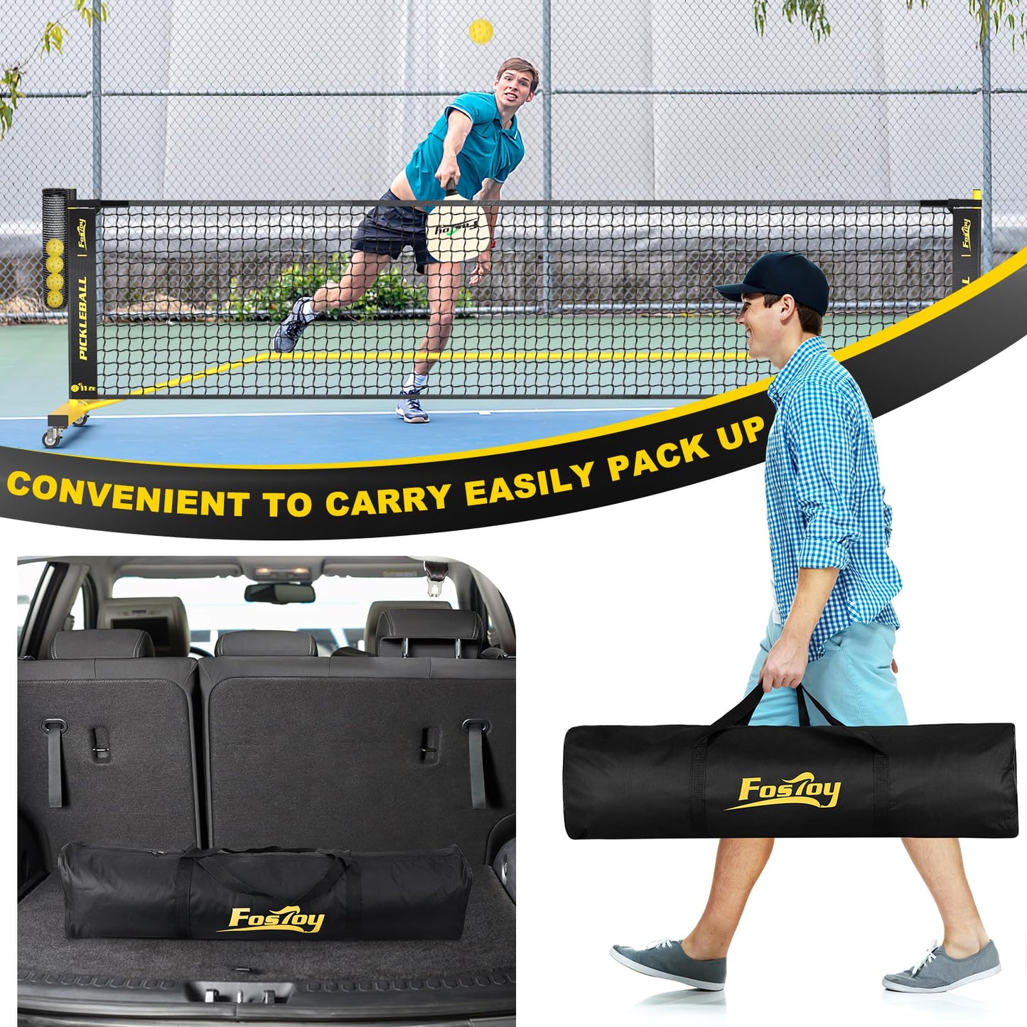 Pickleball Net with Wheels, Portable 2-in-1 Pickle Ball Net with Ball Collector,22FT Regulation Size & 11FT Half Court Size, Carry Bag, Steady Metal Frame for Outdoor Indoor Driveway (Black&Yellow)
