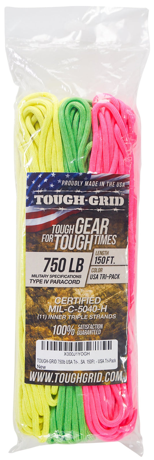 TOUGH-GRID 750lb Paracord/Parachute Cord - 100% Nylon Mil-Spec Type IV Paracord Used by The US Military, Great for Bracelets and Lanyards, 150Ft. - Neon (Tri-Pack)