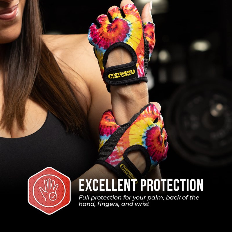 Contraband Pink Label 5347 Womens Designer Workout Gloves | Tie Dye Print w/Grip-Lock™ Silicone Palm (Medium, Rainbow)