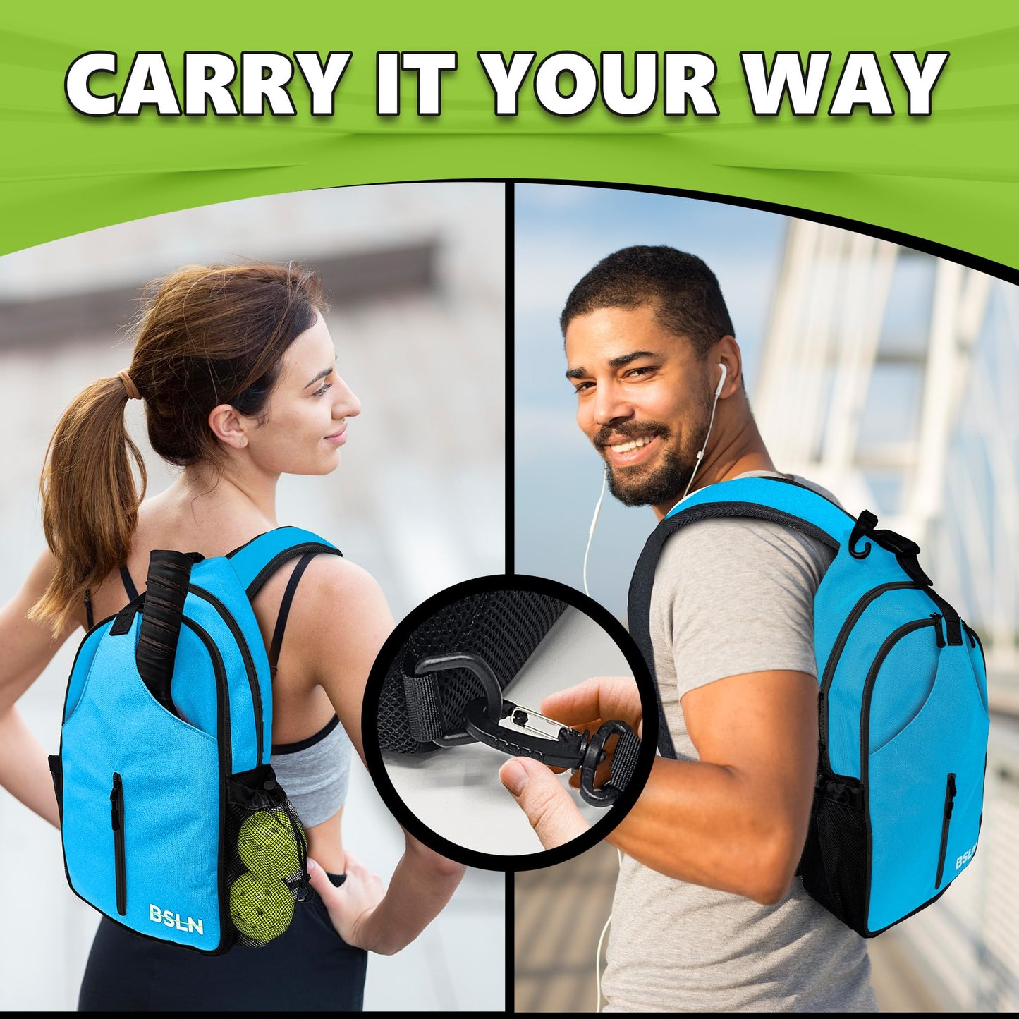 BSLN Pickleball Bag - Pickleball Bags for Women Men, Crossbody Sports Backpack – Adjustable Sling Bag with Hanging Fence Hook(Blue)