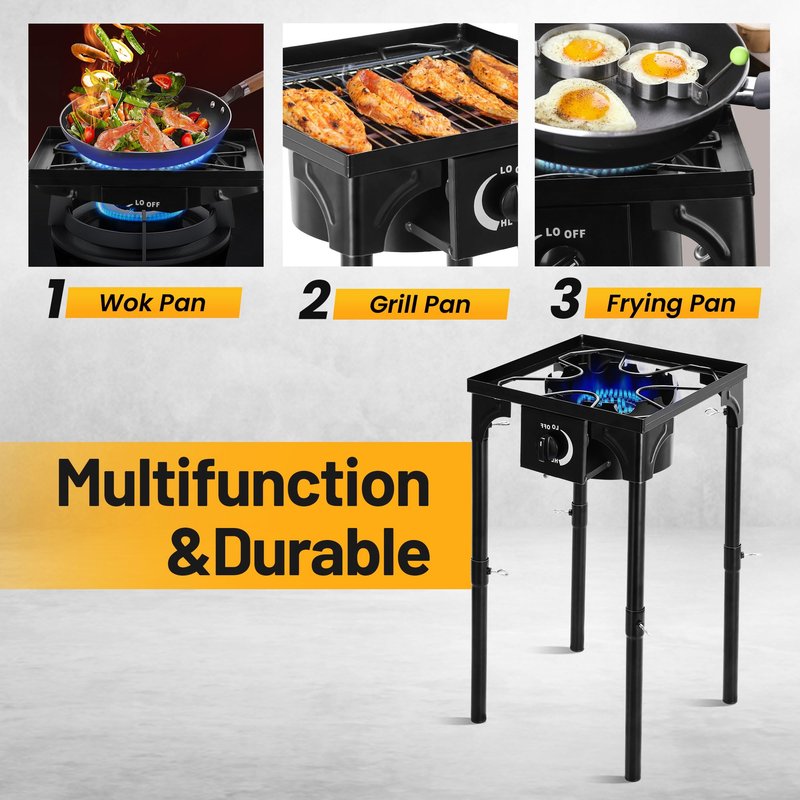 FSUON Outdoor Camping Stove, 130000 BTU, High Pressure Single Burner, Propane Gas Cooker with Detachable Legs, 30 PSI Regulator