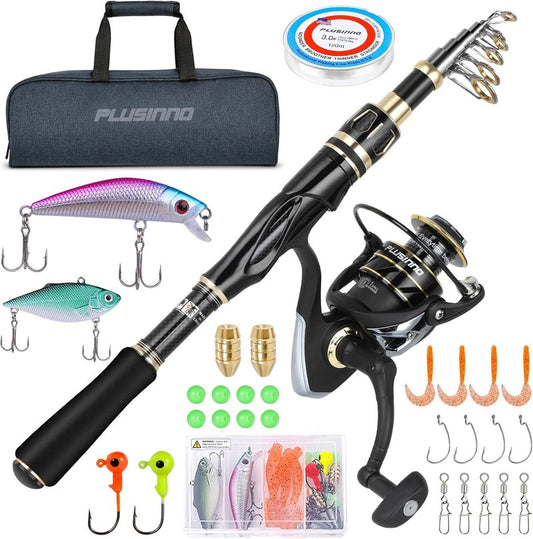 Fishing Rod and Reel Combo Set - Telescopic Carbon Fiber Fishing Pole for Travel | Saltwater & Freshwater Use