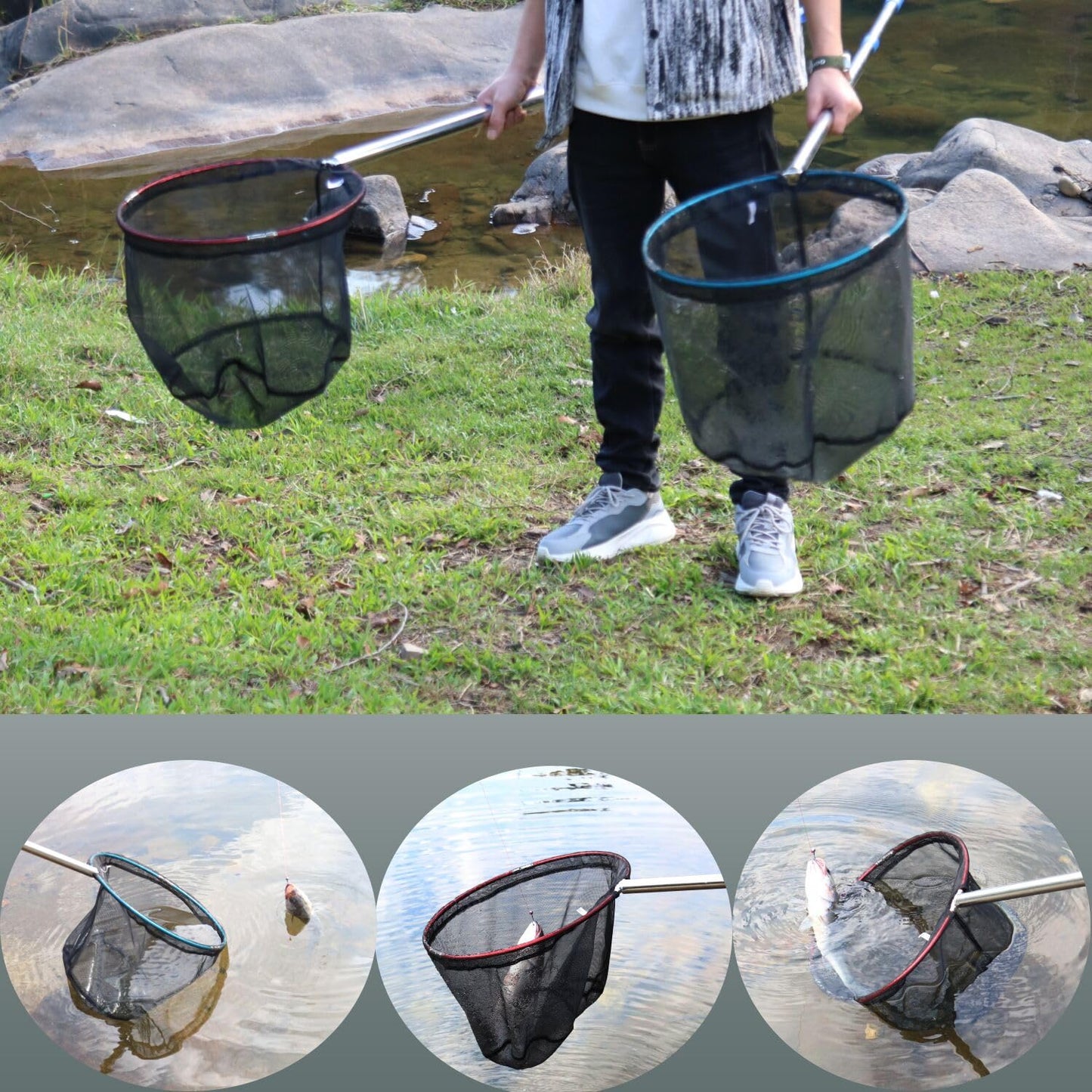 Fishing Nets 2 Pack Removable Lightweight Landing Net with Stainless Steel Pole Handle for Catching and Releasing Butterfly Nets (Blue + Red)