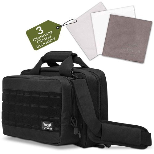 TUVALOR Gun Range Bag for 2 Pistols & Ammo - Spacious Design, with Two Handgun Pockets, Six Magazine Holders, Large Front Pocket and Padded Strap - Gun Bag with 3 Gun Cleaning Towels