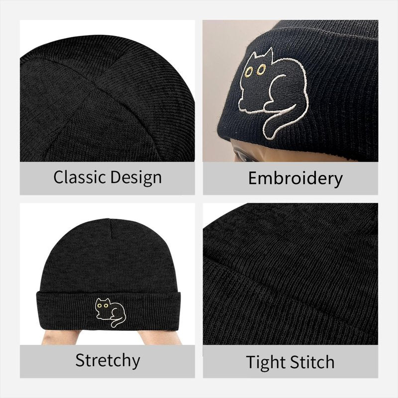 FUNCOOLCY Black Cat Embroidery Beanie Hat,Winter Warm Knit Cuffed Skull Cap for Men Women