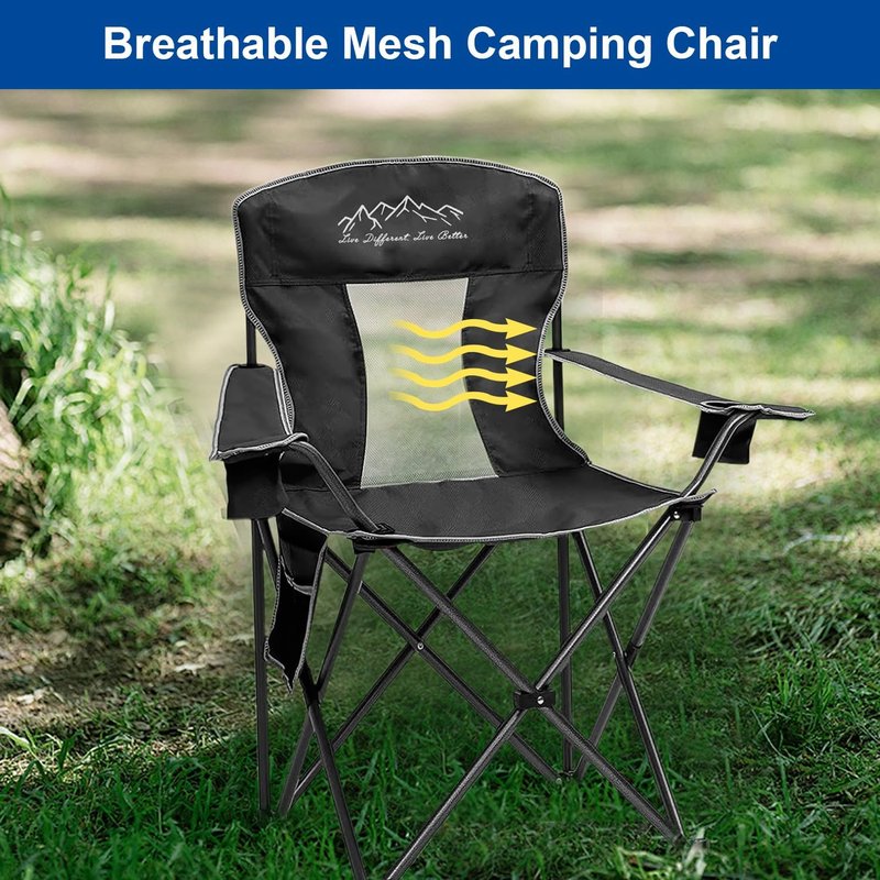 SAILARY Collapsible Folding Camping Chairs Heavy Duty Lawn Foldable Chair with Cooler Bag, Storage Pocket, Waterproof Bag Outdoor Arm Sport Chair, Supports 325LBS, Black