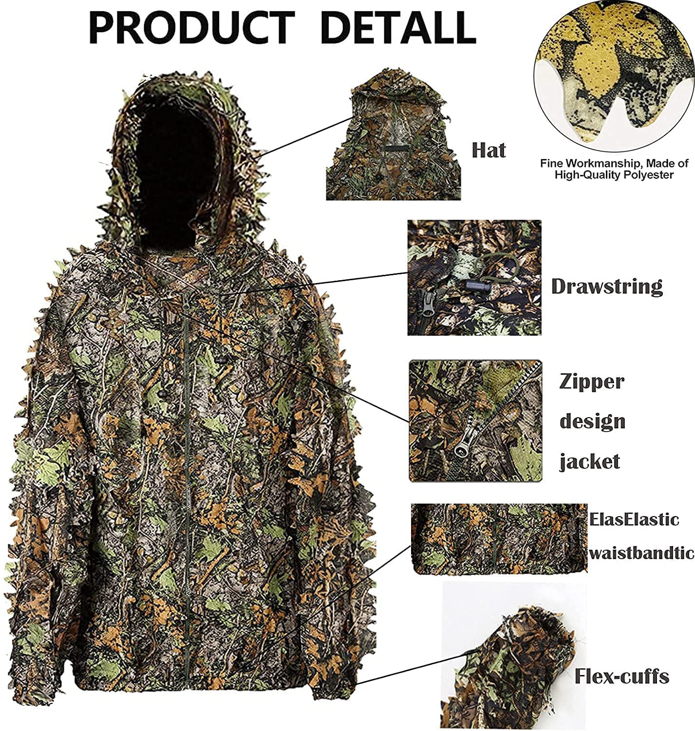 Monfasye Ghillie Suit, 3D Leafy Camo Hunting Suits Breathable Woodland Gillies Costume Jungle Clothing (XL/XXL)