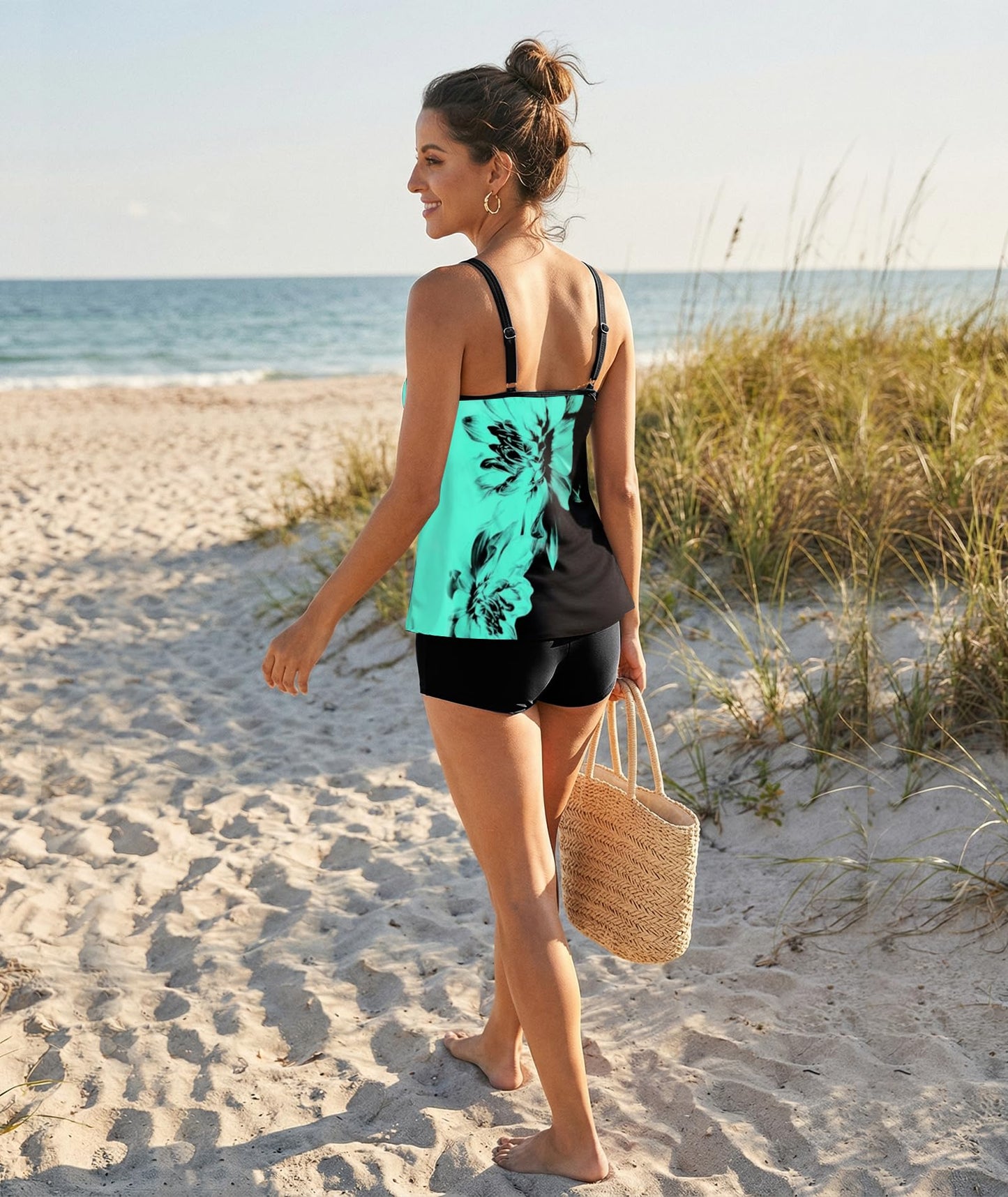 Stylish Swim Suits for Women Slimming Tankini Set Adjustable Straps 2 Piece Swimwear Tropical Hawaii Beach Pool Party Photoshoot Flattering Hides Belly Perfect for Vacation Black Blue Flower XL
