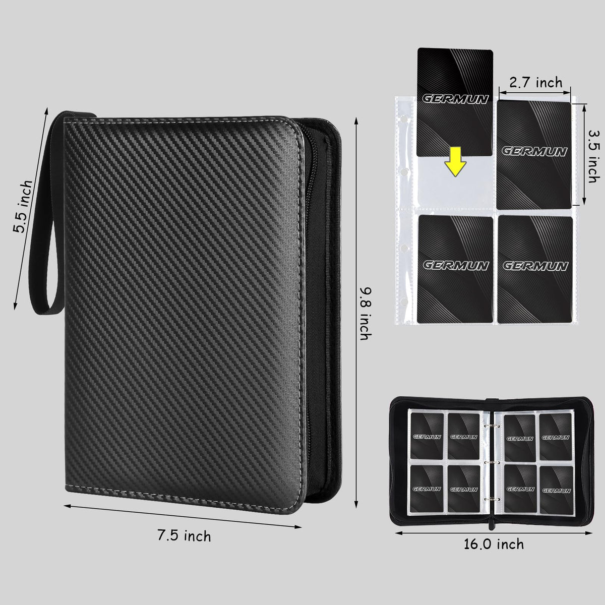 GERMUN 4 Pocket Card Binder, Premium Zip Trading Card Binder, 400 Double Sided Pocket PU Card Collection Binder, Collector Card Album, Card Folder for MTG, TCG, Sports Cards, Game Cards (Black)