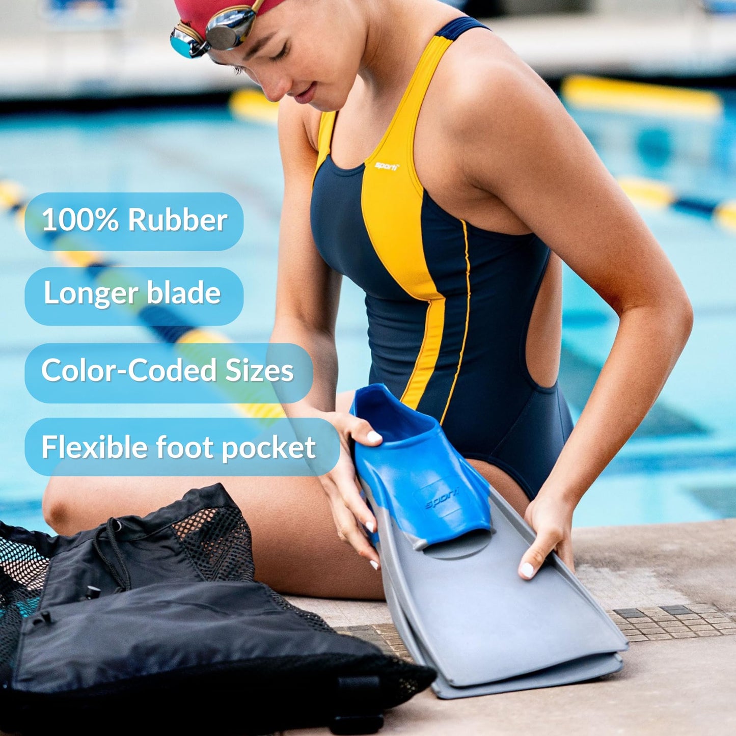 Sporti Adult-Kids Long Swim Fins, Floating Fin for Swimming & Snorkeling, Swim Flippers for Training - NavyBlue - M 8-9 / W 9-10