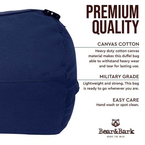 Bear & Bark Extra Large Duffle Bag - Blue 46"x20" - 236.8L - Canvas Military and Army Cargo Style Men/Women Duffel Tote - College Student, Dorm, Backpacking, X-Large Travel and Storage Shoulder Bag