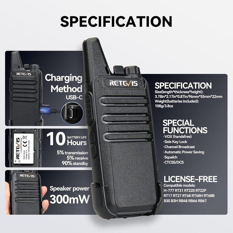 Retevis RT22 Walkie Talkies - Rechargeable 2-Way Radios with 6-Way Charger | 6 Pack