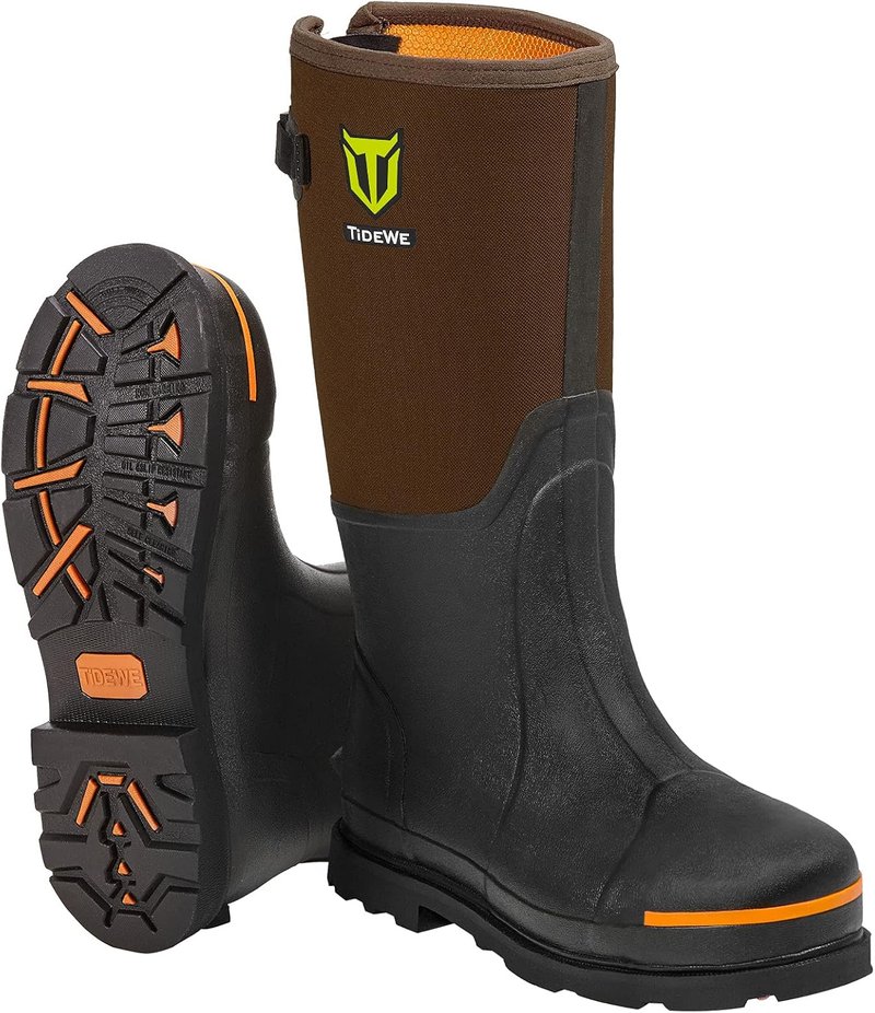TIDEWE Rubber Work Boots for Men - Steel Toe Waterproof Anti-Slip Hunting Boots | Size 7-13, Black/Brown