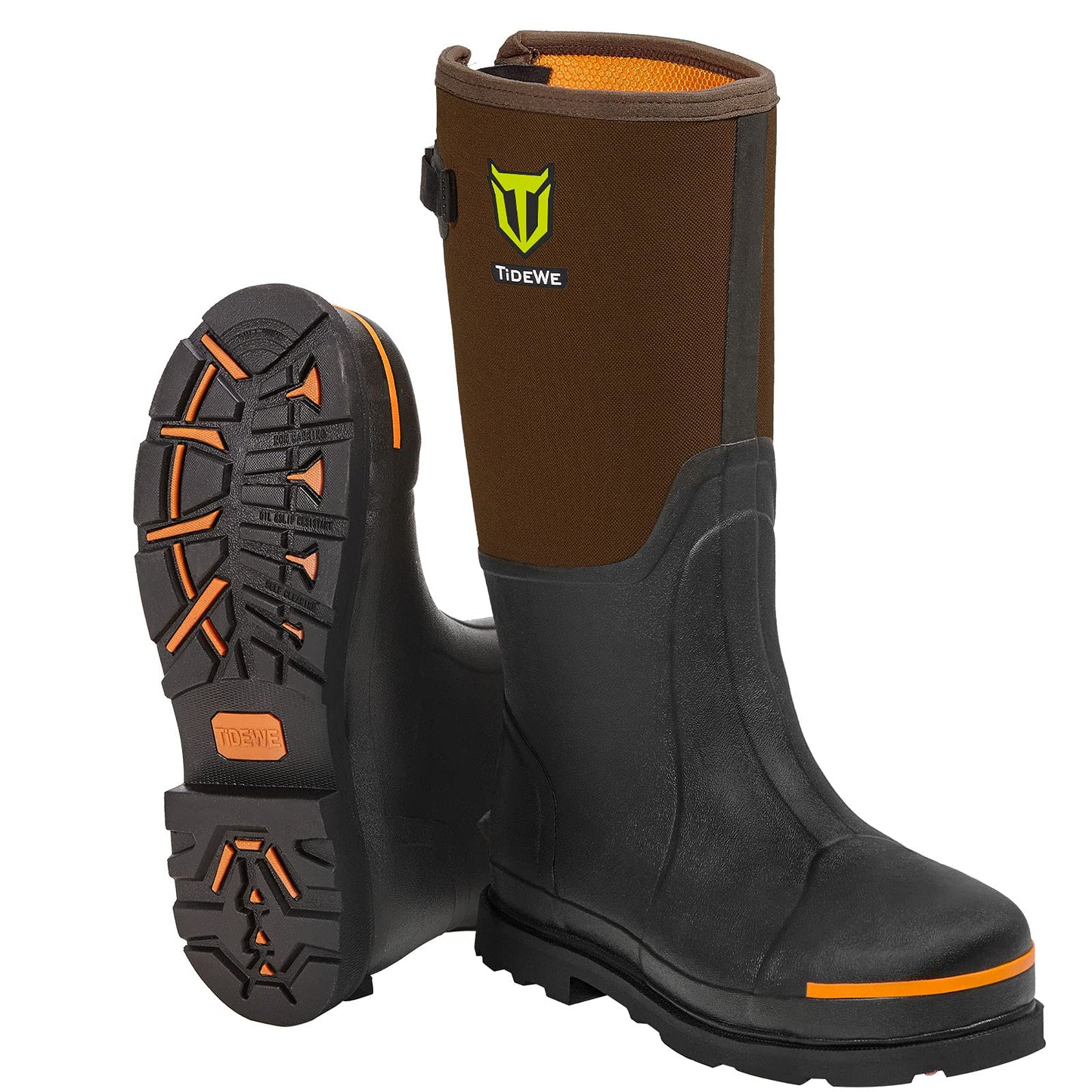 TIDEWE Rubber Work Boot for Men with Steel Toe & Shank, Waterproof Anti Slip Hunting Boot, 6mm Neoprene Hunting Boot for Manufacturing, Construction, Farming, Brown, Size 5