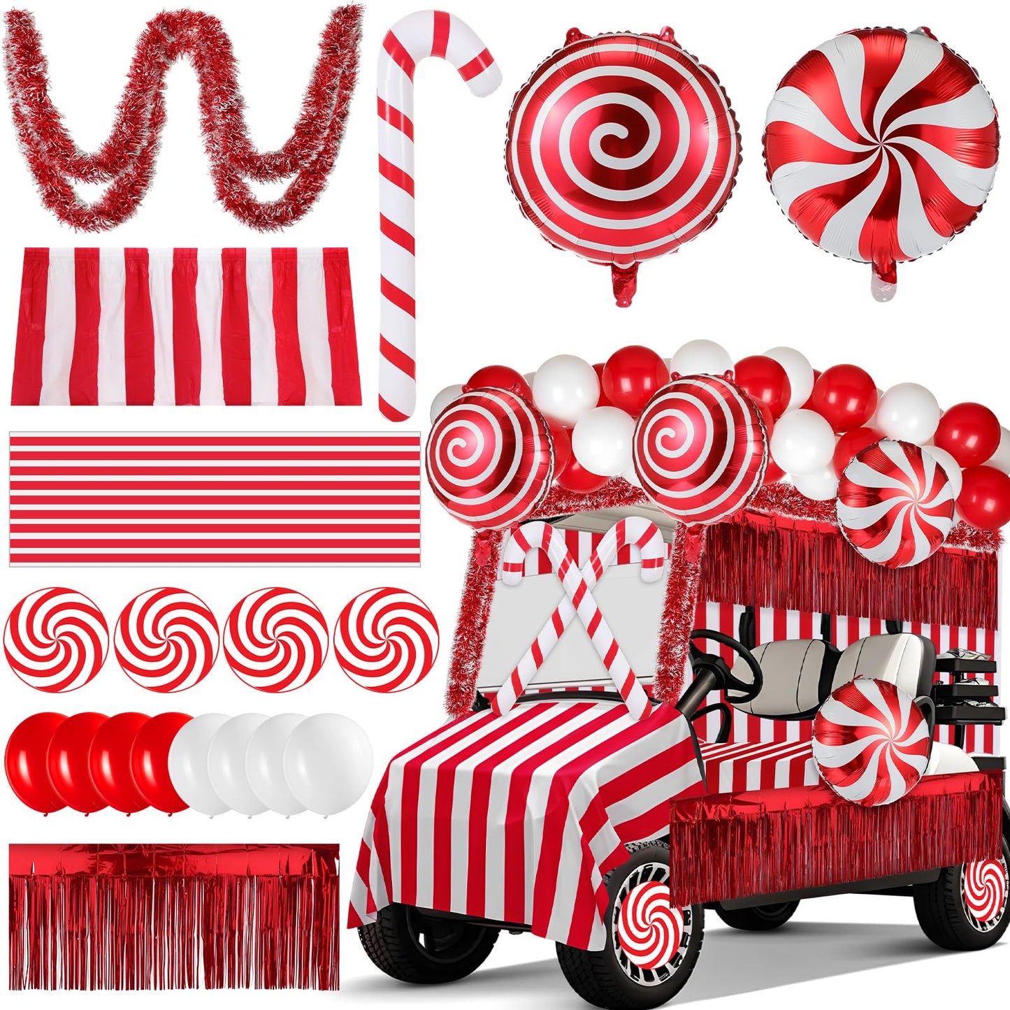 Soulchen 75 Pcs 82 Pcs Christmas Parade Golf Cart Decoration Kit Candy Theme Balloons Garland Arch Fringe Curtains Tinsel Garland Candy Cane PVC Decor for Xmas Golf Cart Party Supplies Decor (Classic)