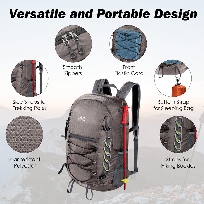 MoKo Hiking Backpack, 40L Large Capacity Camping Backpack with Multiple Pockets, Tear-resistant Travel Daypack for Men Women, Packable and Lightweight Hiking Daypack for Travel Camping Outdoor, Hummus