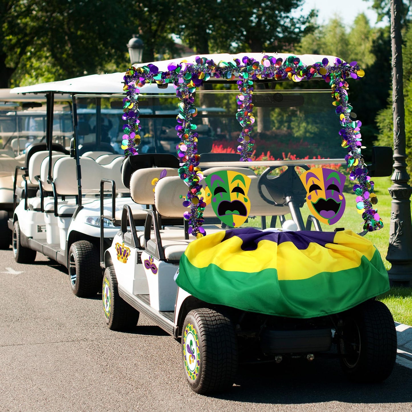 DoubleFill Mardi Gras Golf Cart Decoration Burlap Bunting Flag Purple Green Gold Tinsel Garland Golf Cart Stickers for Mardi Gras Parade Carnival Party Supplies